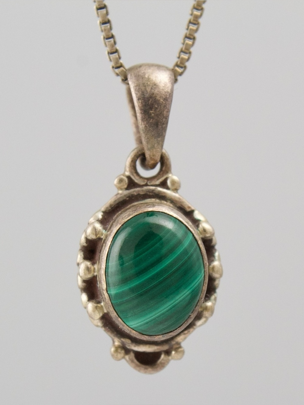 Vintage Malachite Sterling Silver Pendant Necklace